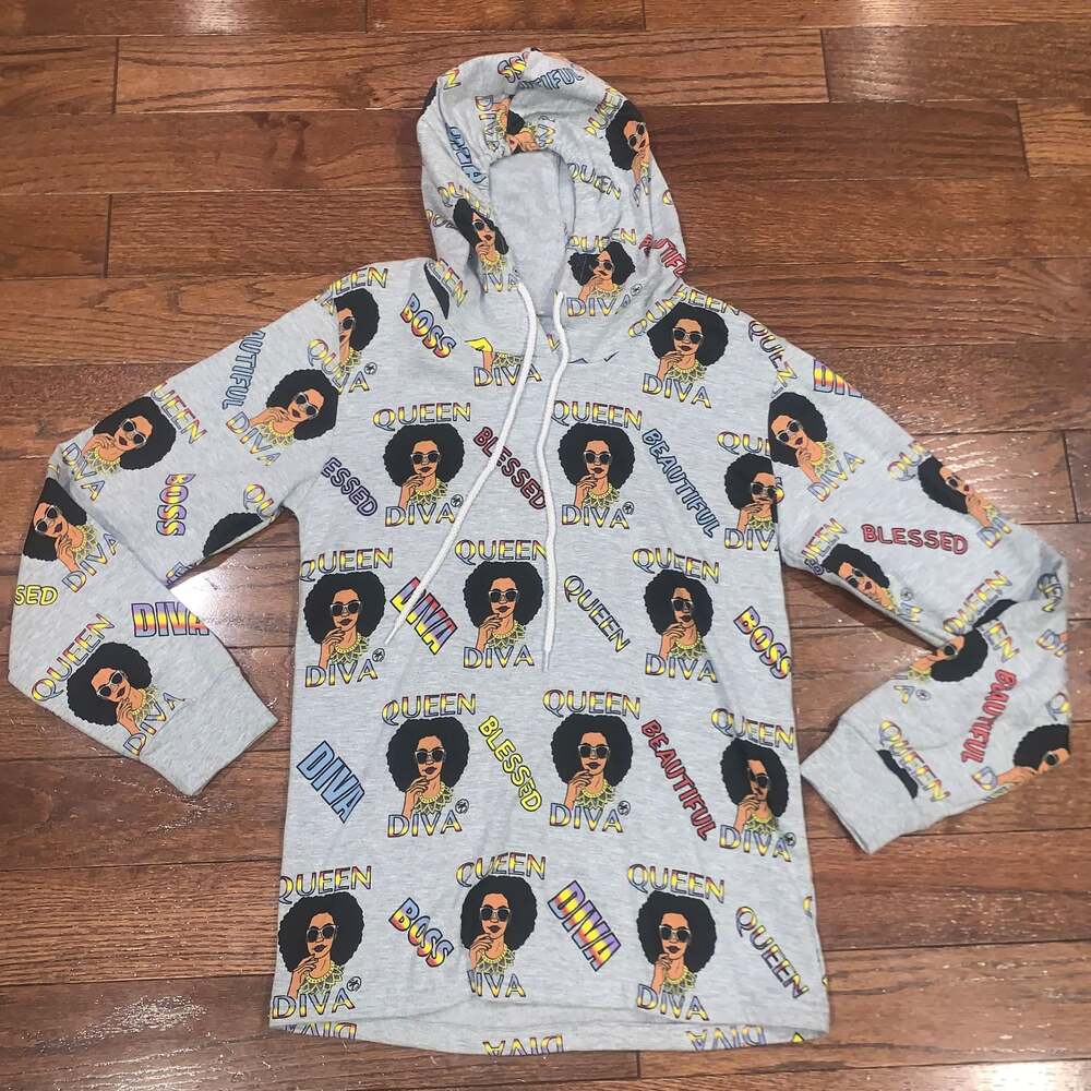 Women’s “On Fire” Graphic Hoodie – Gray All-Over Print, Med‎ 100% Cotton, NWT